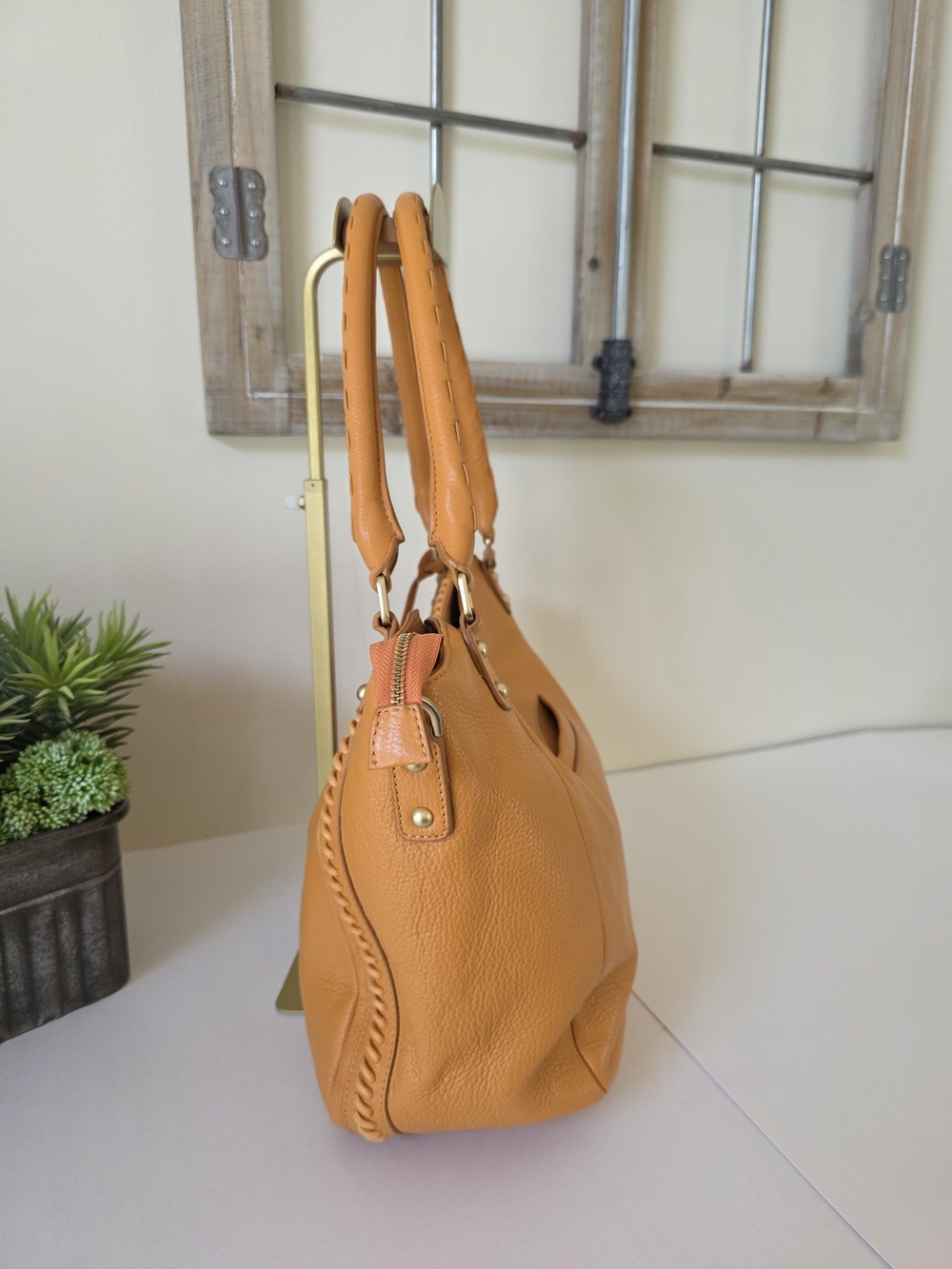 Lodis Texas Leather Sutton Tote Nectarine Woven Stitch Shoulder Bag - Picture 6 of 12